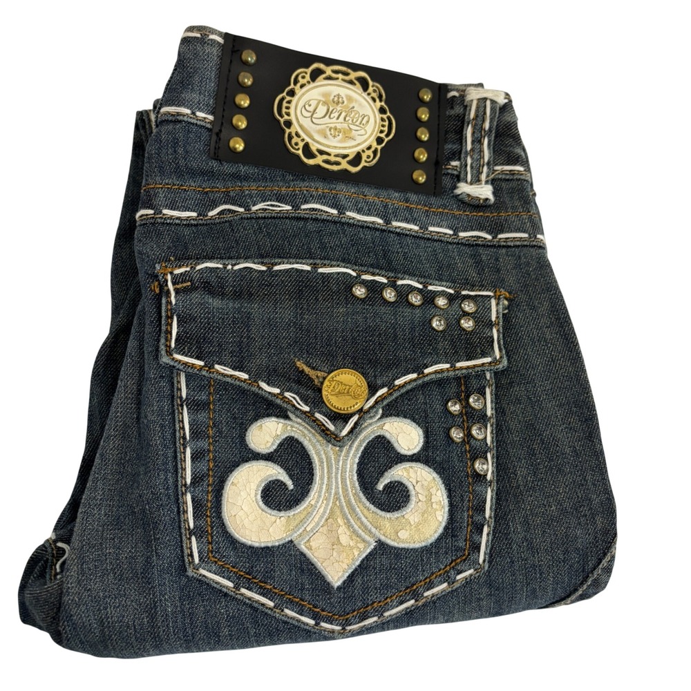 Dereon Skinny Blue Jeans Juniors 1/2 Rhinestone Studs Straight Leg Y2K Stretch